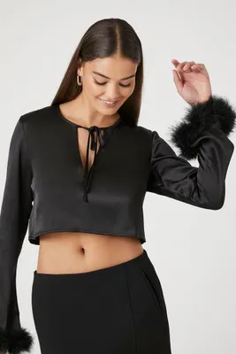 Women's Satin Feather Crop Top in Black Small