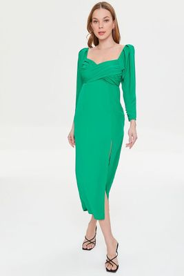 Women's Shirred Midi Slit Dress in Green Small