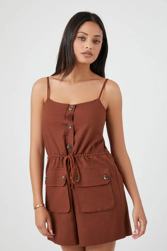 Women's Drawstring Button-Front Romper in Cappuccino, XS