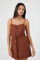 Women's Drawstring Button-Front Romper in Cappuccino, XS