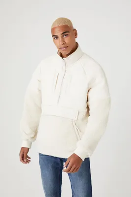 Men Half-Zip Faux Shearling Puffer Jacket in Cream Small