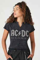 Women's Rhinestone ACDC Graphic Baby T-Shirt in Charcoal/Silver, XS