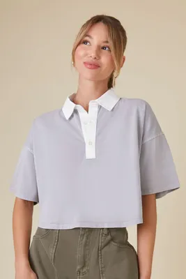 Women's Uniform Cropped Polo Shirt in Grey/White Large