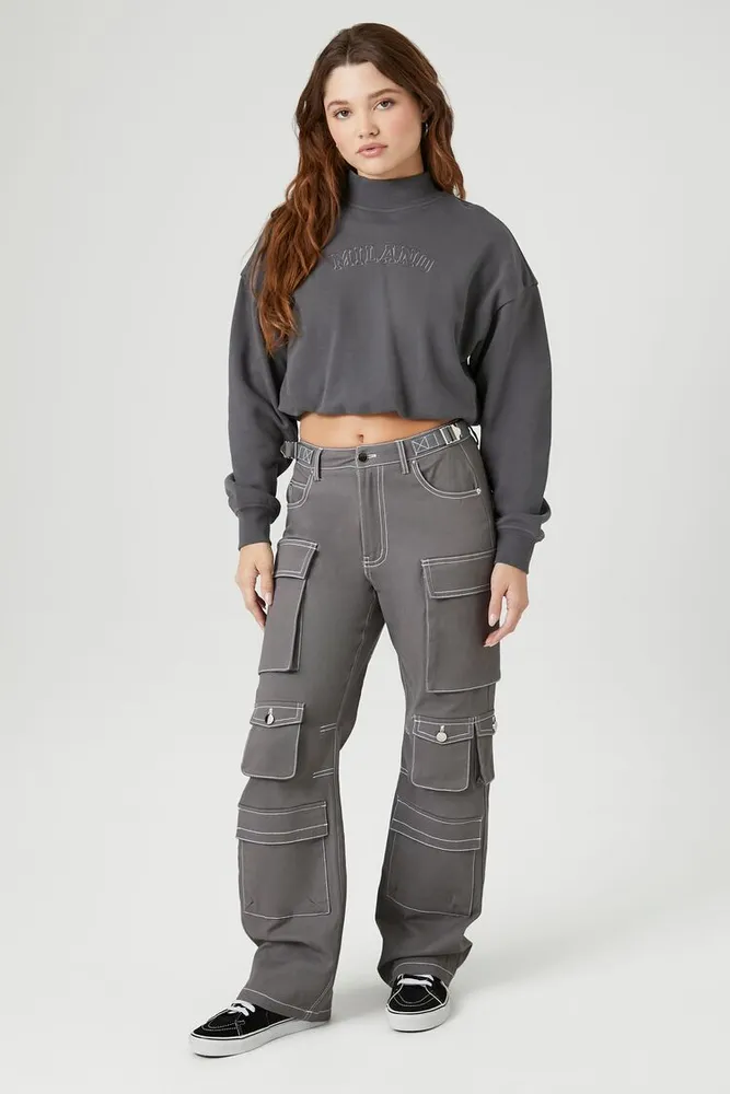 Women's Twill Topstitched Cargo Pants in Grey Small