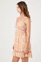 Women's Floral Print Lace-Trim Mini Dress in Brown Medium