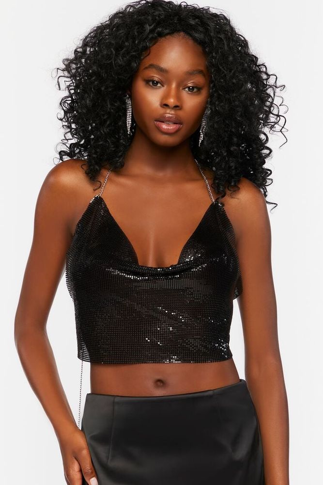 Women's Cowl Neck Chainmail Halter Top in Black