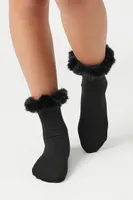 Faux Fur Crew Socks in Black