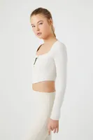 Women's Active Zip-Up Curved-Hem Crop Top in Birch Large