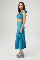 Women's Smocked Crop Top & Midi Skirt Set in Teal, XL