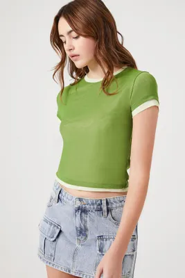 Women's Mesh Cropped Combo T-Shirt in Avocado/Melon, XS