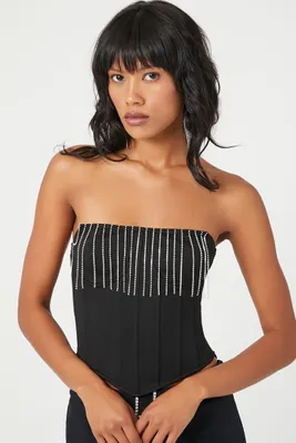 Women's Rhinestone Fringe Tube Top in Black/Silver Medium