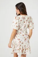 Women's Satin Floral Flounce Mini Dress in Ivory Small