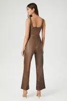 Women's Faux Leather Sleeveless Jumpsuit in Brown Small