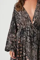 Women's Satin Paisley Plunging V-Neck Mini Dress in Black Small