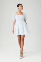 Women's Babydoll Puff-Sleeve Mini Dress in Light Blue Small