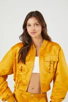 Women's Ruched Satin Cropped Bomber Jacket in Gold Small