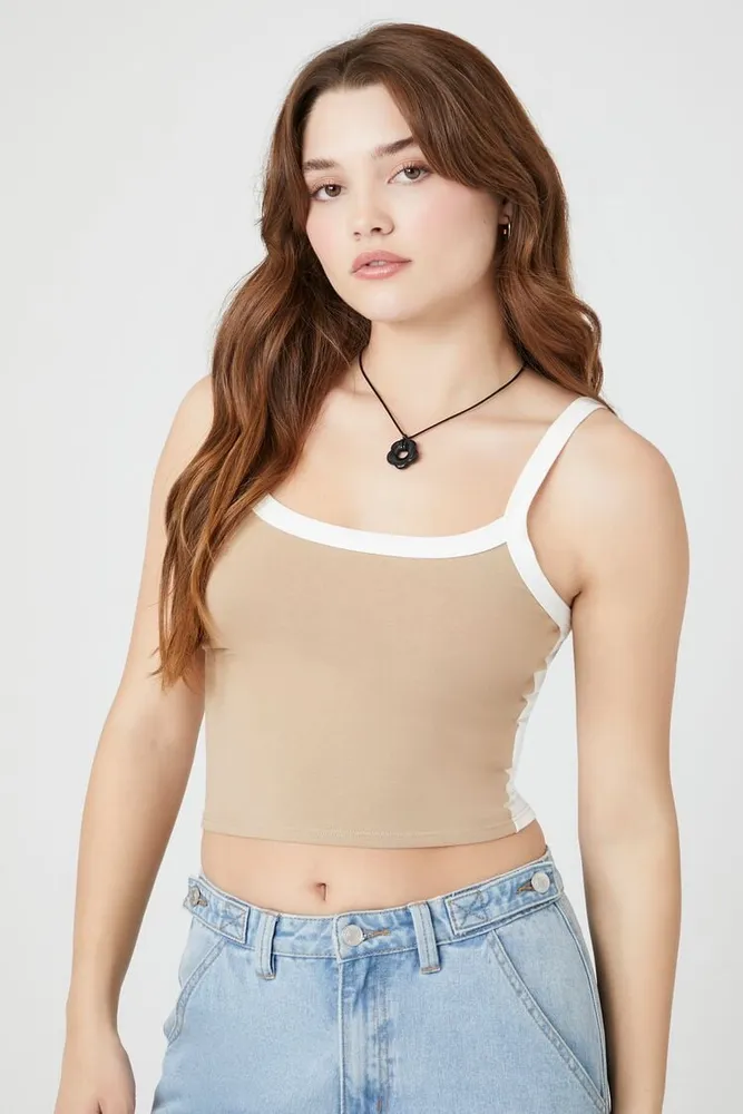 Women's Colorblock Cropped Cami in Khaki/White Large