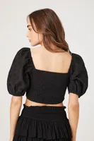 Women's Smocked Floral Eyelet Crop Top