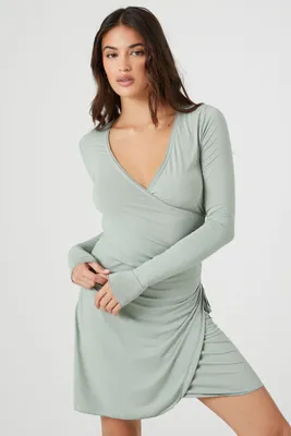 Women's Ruched Mini Wrap Dress in Green Haze, XS