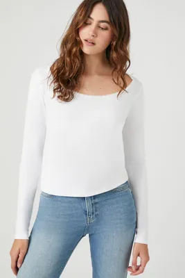 Women's Lace-Trim Long-Sleeve Top in White Small