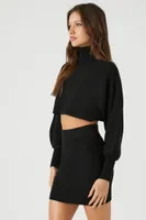 Women's Sweater-Knit Turtleneck Top & Skirt Set in Black, XXL