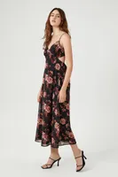 Women's Chiffon Floral Surplice Midi Dress in Black Medium