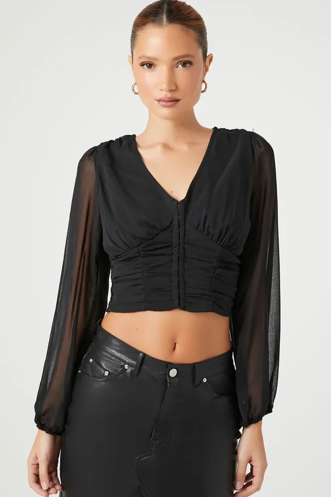 Women's Peasant-Sleeve Crop Top in Black Medium