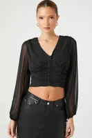 Women's Peasant-Sleeve Crop Top in Black Medium