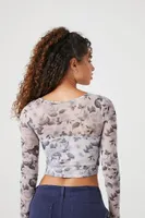 Women's Mesh Floral Print Crop Top in Grey Medium