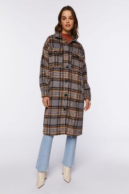 Women's Plaid Buttoned Duster Jacket in Grey Large