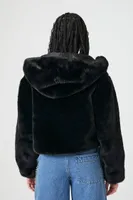 Women's Faux Fur Open-Front Hoodie in Black Large