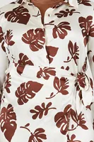 Women's Satin Tropical Print Wrap Dress Brown,