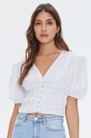 Women's Shirred Puff-Sleeve Crop Top in Ivory Medium