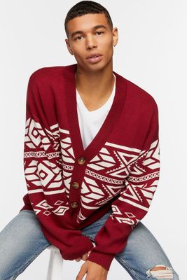 Men Geo Print Cardigan Sweater in Burgundy/Cream Large