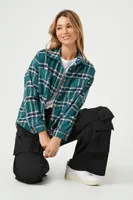 Women's Plaid Flannel Curved-Hem Shirt in Green Large