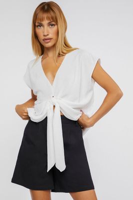 Women's Plunging Tie-Front Top in White Small