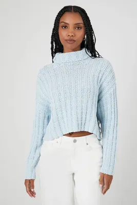 Women's Ribbed Knit Turtleneck Sweater in Light Blue Large