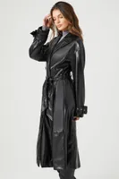 Women's Faux Leather Double-Breasted Trench Coat in Black Small