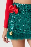 Women's Christmas Bow & Ornament Sequin Mini Skirt in Green Small