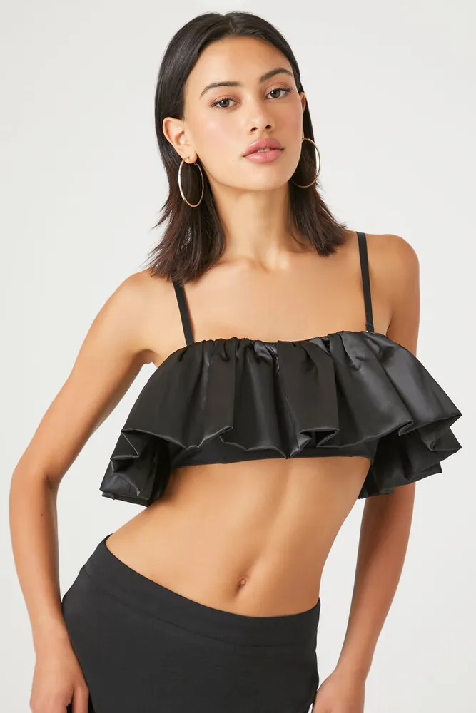 Women's Satin Ruffle Cropped Cami in Black, XL