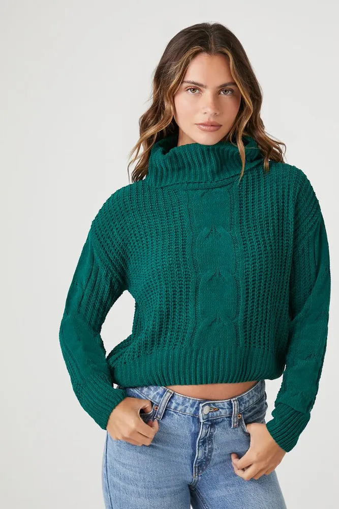 Women's Cable Knit Turtleneck Sweater in Hunter Green, XL