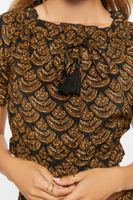 Women's Ornate Print Puff-Sleeve Crop Top in Brown Small