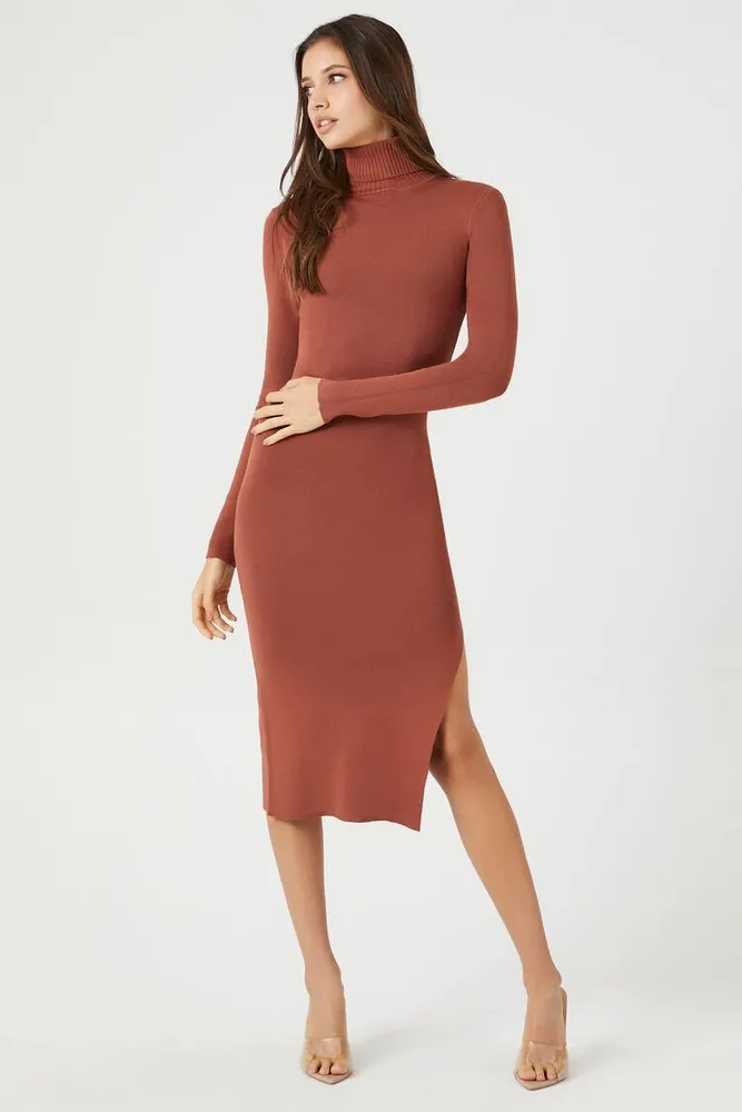 Women's Turtleneck Midi Sweater Dress in Walnut Small