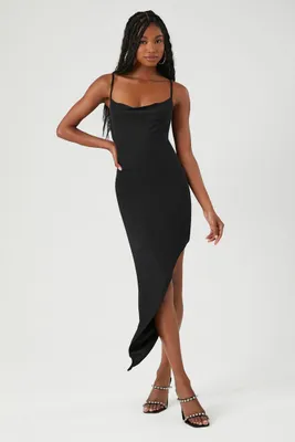 Women's Glitter Knit Asymmetrical Midi Dress in Black Large