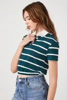 Women's Striped Cropped Polo Shirt in Teal Large