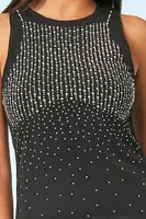 Women's Sheer Mesh Rhinestone Maxi Dress in Black/Silver, XS