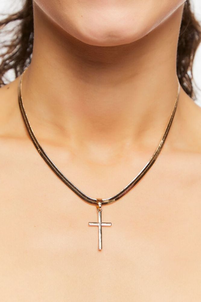 Women's Cross Pendant Snake Chain Necklace in Gold