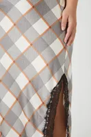 Women's Satin Plaid Print Maxi Skirt in Grey, 3X