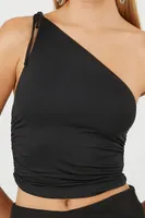 Women's Ruched One-Shoulder Crop Top in Black Large