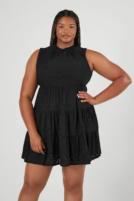 Women's Tiered Eyelet Mini Dress in Black, 3X